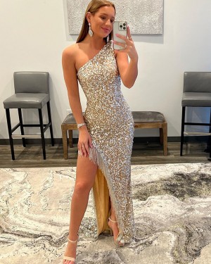 One Shoulder Gold Beading Gorgeous Prom Dress with Side Slit & Tassels PD2367