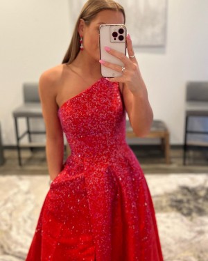 Red Beading Satin One Shoulder Prom Dress with Pockets PD2368