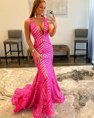 V-neck Fuchsia Sequin Mermaid Special Prom Dress PD2372