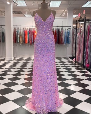 Floral Sparkle Sequin Sheath Spaghetti Straps Prom Dress PD2374