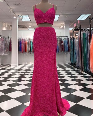 Burgundy Sequin Mermaid Two Piece Prom Dress with Side Slit PD2376