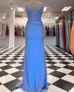 Sky Blue Beading Bodice Sheath Spaghetti Straps Prom Dress PD2378