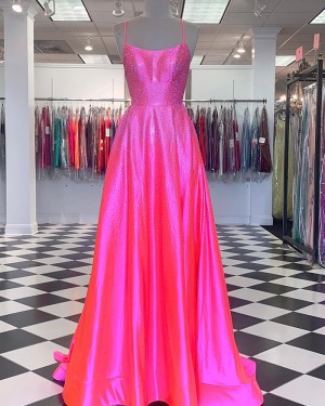 Pink Beading Satin Spaghetti Straps Prom Dress PD2381