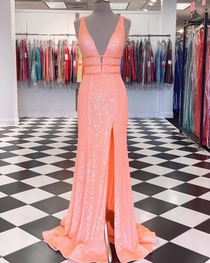 Coral Pink Strappy Sequin Mermaid V-neck Prom Dress with Side Slit PD2383