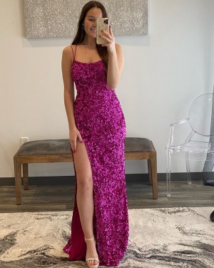 Rose Red Sequin Mermaid Spaghetti Straps Prom Dress with Side Slit PD2384