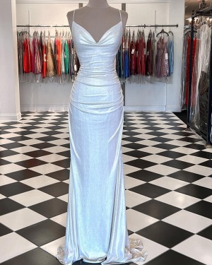 Metallic White Ruched Sheath Spaghetti Straps Prom Dress PD2386
