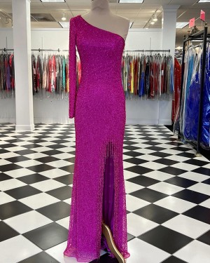 Purple One Shoulder Beading Mermaid Side Slit Prom Dress with Tassels PD2390