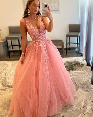 Dusty Pink Beading Tulle V-neck A-line Prom Dress with Appliqued Bodice PD2391