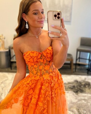 Orange Strapless Applique Tulle A-line Prom Dress PD2392