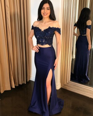 Navy Blue Two Piece Off the Shoulder Beading Bodice Mermaid Prom Dress PD2399