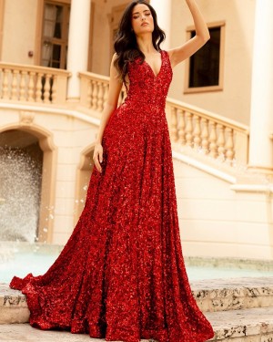 Sparkle V-neck Red Sequin Prom Dress PD2403