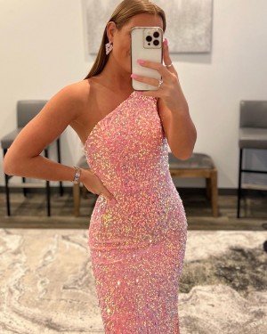 Pink Sequin One Shoulder Mermaid Prom Dress PD2406