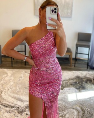 Stripe Sequin Blushing Pink One Shoulder Prom Dress with Side Slit PD2407
