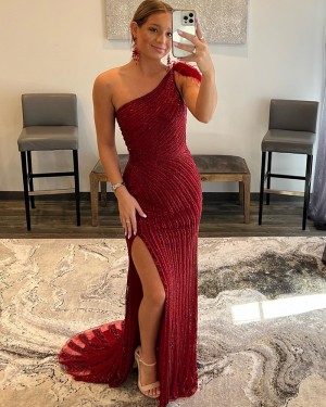 Burgundy Stripe Sequin One Shoulder Mermaid Prom Dress with Feather PD2408