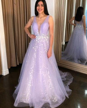 Lavender Beading V-neck Tulle A-line Prom Dress PD2409