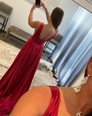 Burgundy V-neck Satin Mermaid Side Slit Prom Dress with Lace Belt PD2410