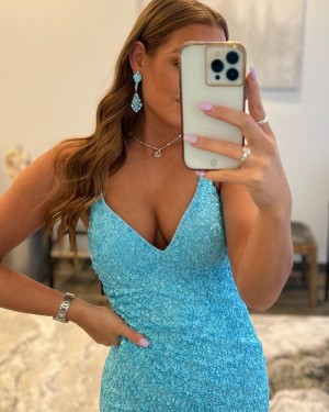 Cyan Sequin Spaghetti Straps Mermaid Prom Dress with Side Slit PD2411