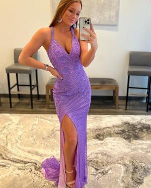V-neck Lavender Beading Mermaid Gorgeous Prom Dress with Side Slit PD2412