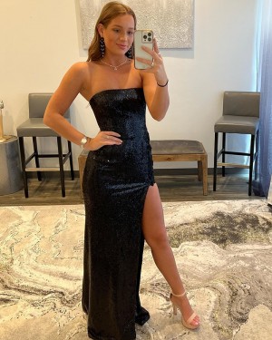 Black Sequin Mermaid Strapless Prom Dress with Side Slit PD2421