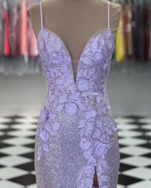 Lavender Spaghetti Straps Sequin Handmade Flowers Prom Dress with Side Slit PD2425