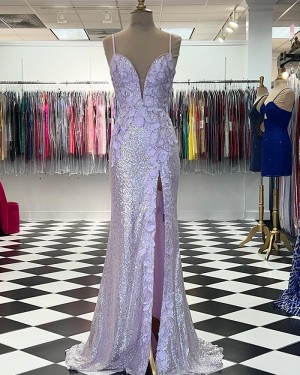 Lavender Spaghetti Straps Sequin Handmade Flowers Prom Dress with Side Slit PD2425