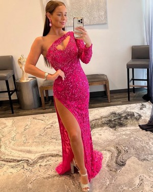 Fuchsia One Shoulder Beading Lace Mermaid Prom Dress with Long Sleeves PD2428