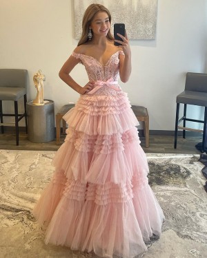 Off the Shoulder Dusty Pink Beading Applique Ruffled Prom Dress PD2429