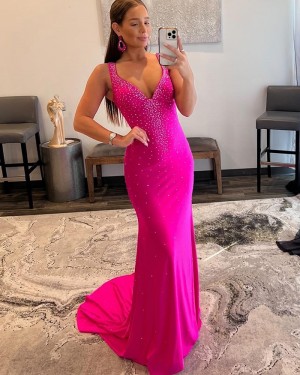 Rose Red V-neck Beading Mermaid Prom Dress with Side Slit PD2430