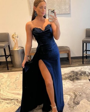 Sweetheart Royal Blue Satin Applique Mermaid Prom Dress with Side Slit PD2431