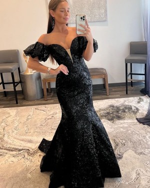 Black Off the Shoulder Sequin Lace Mermaid Prom Dress with Short Sleeves PD2433