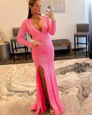 Pink V-neck Long Sleeve Stripe Sequin Mermaid Prom Dress with Side Slit PD2437