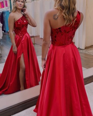 Red One Shoulder Mirror Beading Bodice Prom Dress with Side Slit PD2440