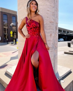 Red One Shoulder Mirror Beading Bodice Prom Dress with Side Slit PD2440