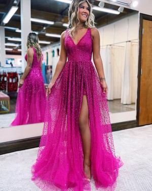 Beading Fuchsia V-neck Pleated Tulle Prom Dress with Side Slit PD2444