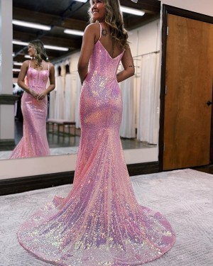 Sequin Pink Spaghetti Straps Mermaid Prom Dress PD2449