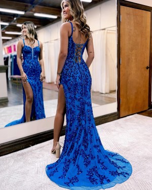 Sequin Spaghetti Straps Lace Blue Mermaid Prom Dress with Side Slit PD2450