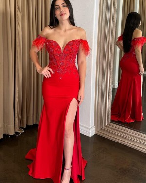 Feather Beading Red Off the Shoulder Mermaid Prom Dress with Side Slit PD2451