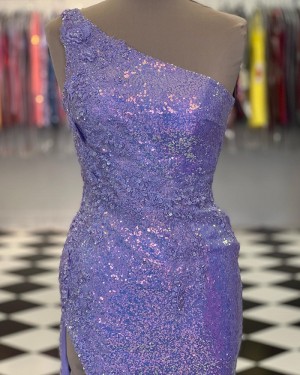 Appliqued Lavender Sequin One Shoulder Prom Dress with Side Slit PD2454
