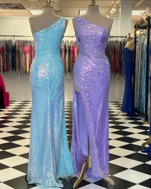 Appliqued Lavender Sequin One Shoulder Prom Dress with Side Slit PD2454