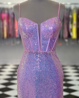 Pink Sequin Spaghetti Straps Mermaid Prom Dress PD2455
