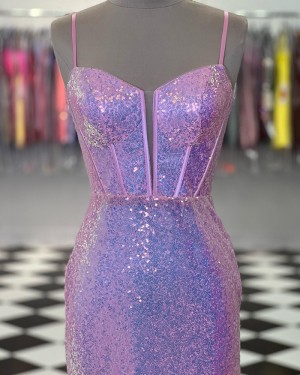 Pink Sequin Spaghetti Straps Mermaid Prom Dress PD2455
