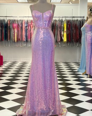 Pink Sequin Spaghetti Straps Mermaid Prom Dress PD2455