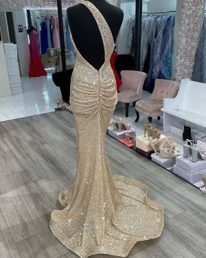 Champagne Stripe Sequin One Shoulder Mermaid Prom Dress with Side Slit PD2457