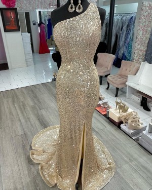 Champagne Stripe Sequin One Shoulder Mermaid Prom Dress with Side Slit PD2457