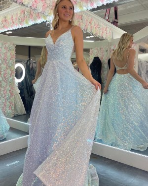 Sparkling Light Blue Spaghetti Straps A-line Prom Dress PD2461
