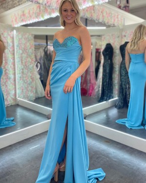 Beaded Bodice Ruched Lake Blue Sweetheart Mermaid Prom Dress with Side Slit PD2462