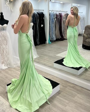 Mint Satin Deep V-neck Mermaid Simple Prom Dress PD2463