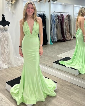 Mint Satin Deep V-neck Mermaid Simple Prom Dress PD2463