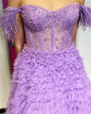 Purple Ruffled & Beaded Off the Shoulder Prom Dress with Feather PD2465