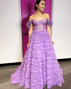 Purple Ruffled & Beaded Off the Shoulder Prom Dress with Feather PD2465
